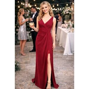 Jenny Packham V-Neck Crepe Column Gown - Burgundy - size 4